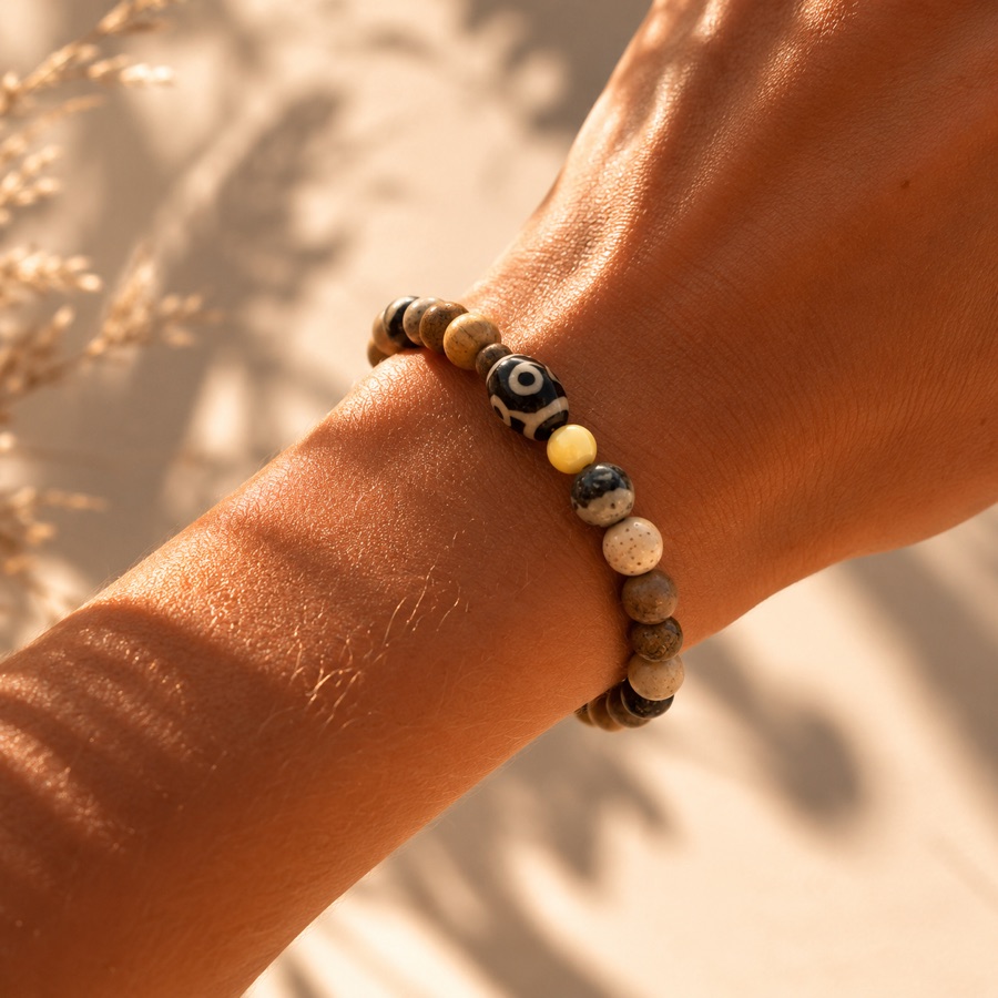 Earth Dzi bracelet on wrist — 3-eye Dzi bead with picture jasper and dalmatian stones