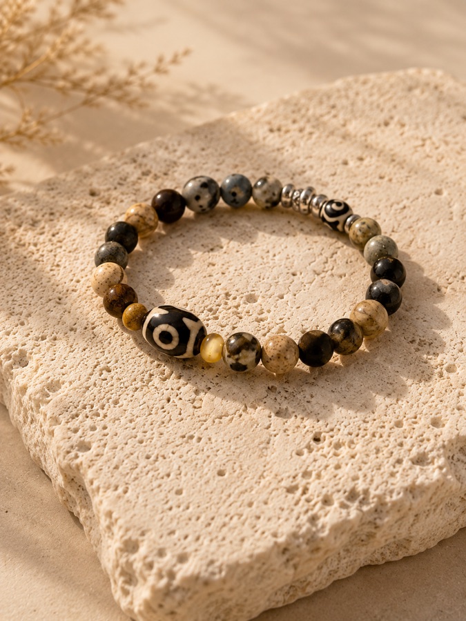 Earth Dzi bracelet flat lay — 3-eye Dzi bead with picture jasper and dalmatian stones