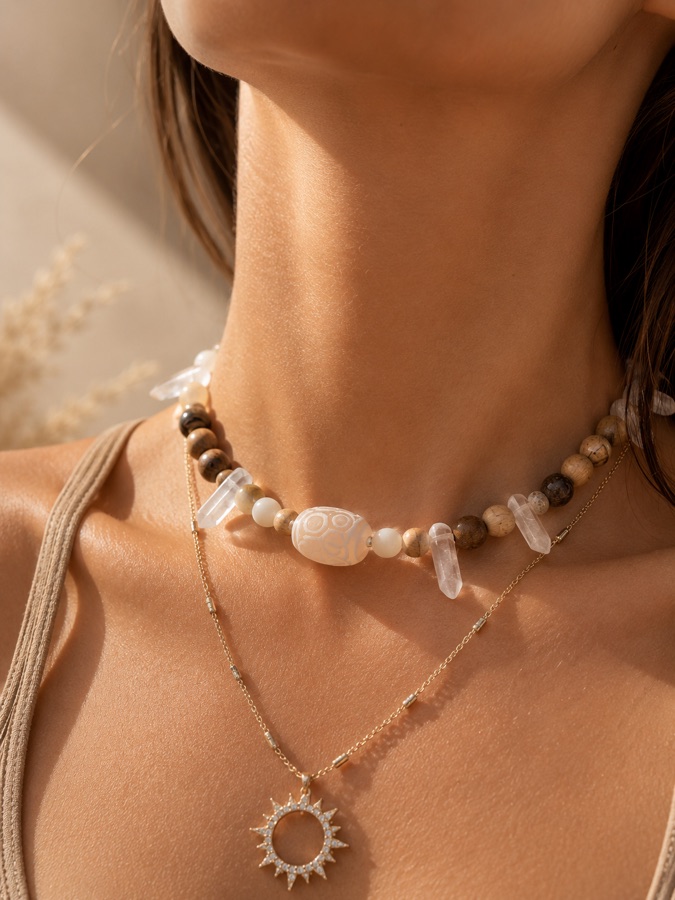 Dzi choker — central carved Dzi bead with tiger eye, pearls, and clear quartz