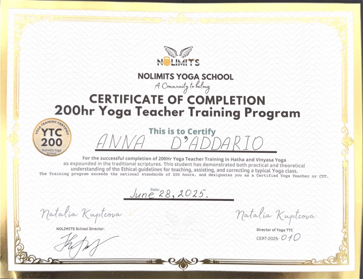 Anna D'Addario · 200-hour Yoga Teacher Training Certificate · NOLIMITS Yoga School